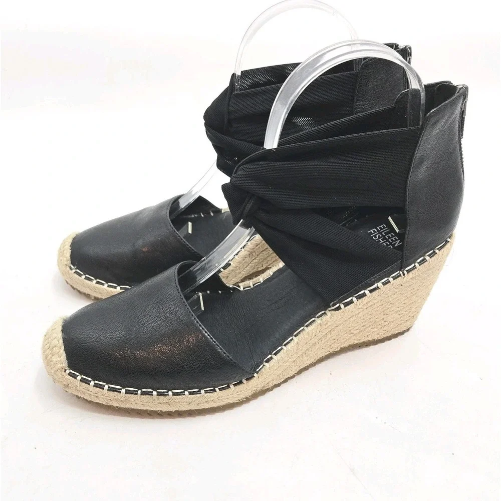 Eileen Fisher Sz 9.5  Espadrille Black Leather Wallice‎ Coastal Wedge Sandals
